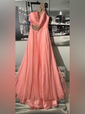 Night Moves Coral One-Shoulder Prom Gown with Beaded Accent